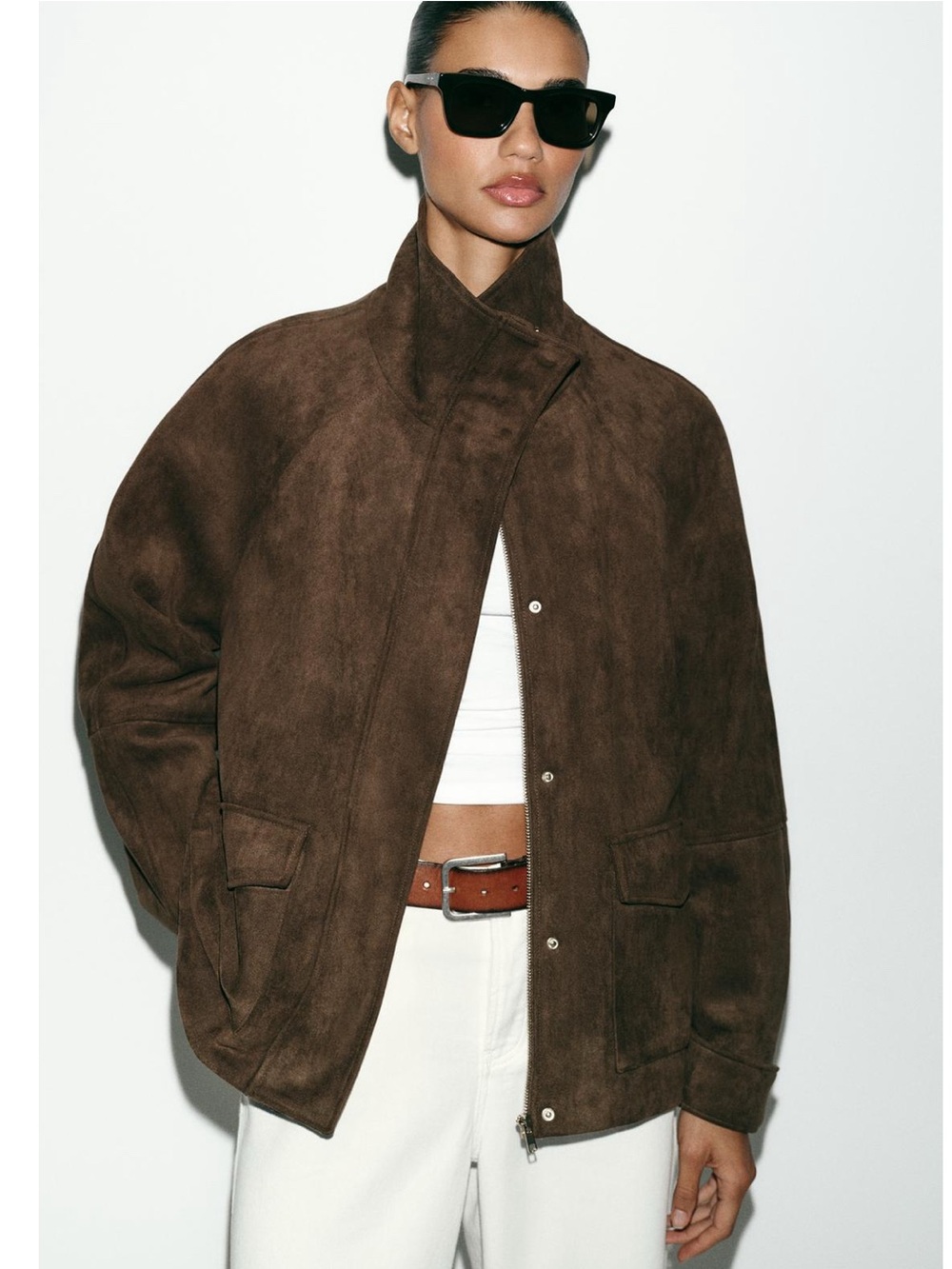 NWT Zara Faux Suede High Collar Full Zip Jacket Sz:M Dark Brown
